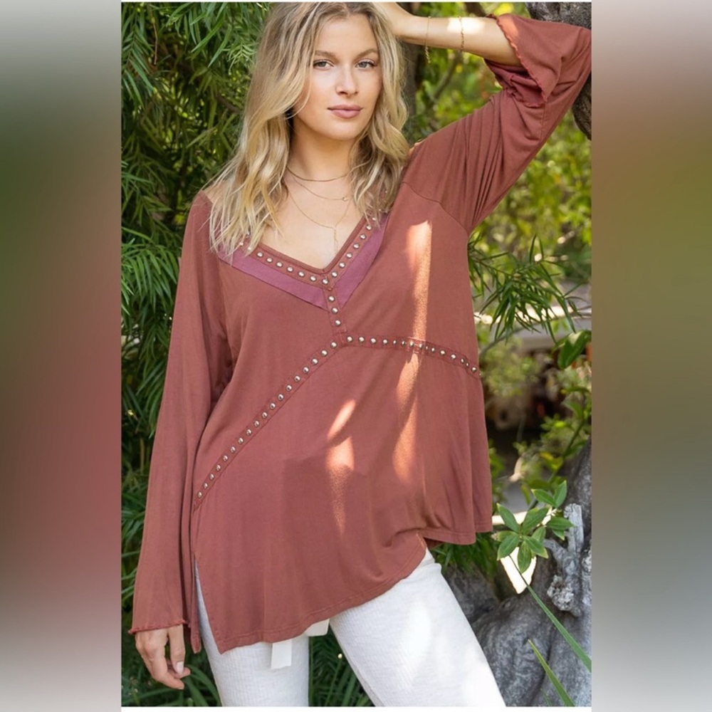 POL oversized Boho V-Neck Rust Top